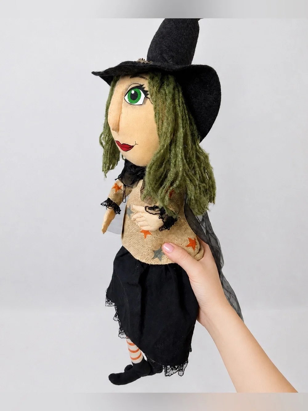 Primitive Halloween Witch Shelf Sitter Doll Hand Painted Face 26” with tag